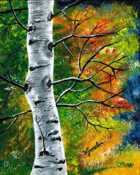 Autumn Birch — painting of a white birch tree amid autumn foliage