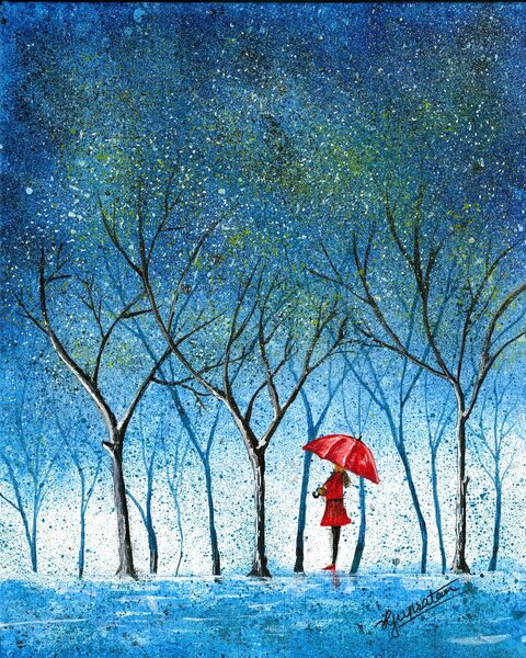 Red Umbrella — painting of a figure with a red umbrella walking through a snowy forest