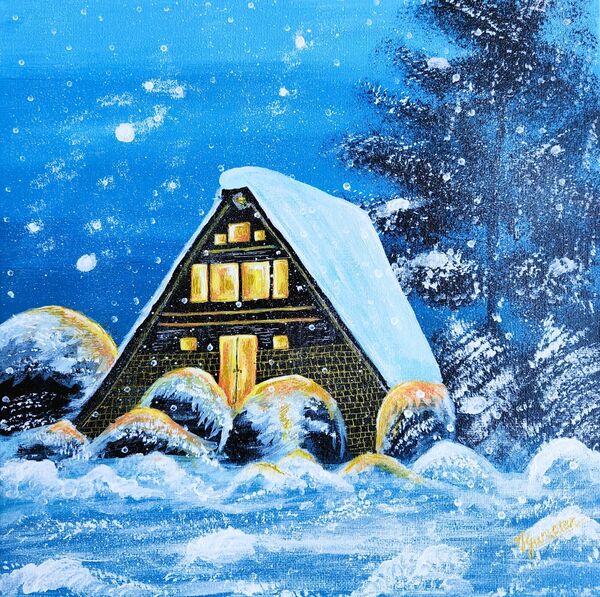 Winter Cabin — painting of a snow-covered A-frame cabin at night