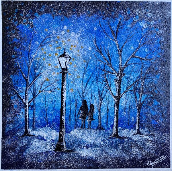 Evening Walk — painting of a lamppost-lit path with two figures walking through snowy trees